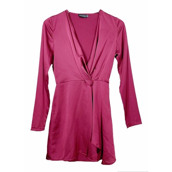 PrettyLittleThing Satin Wrap Mini Dress – Burgundy (Size 2) - Picture 1 of 11